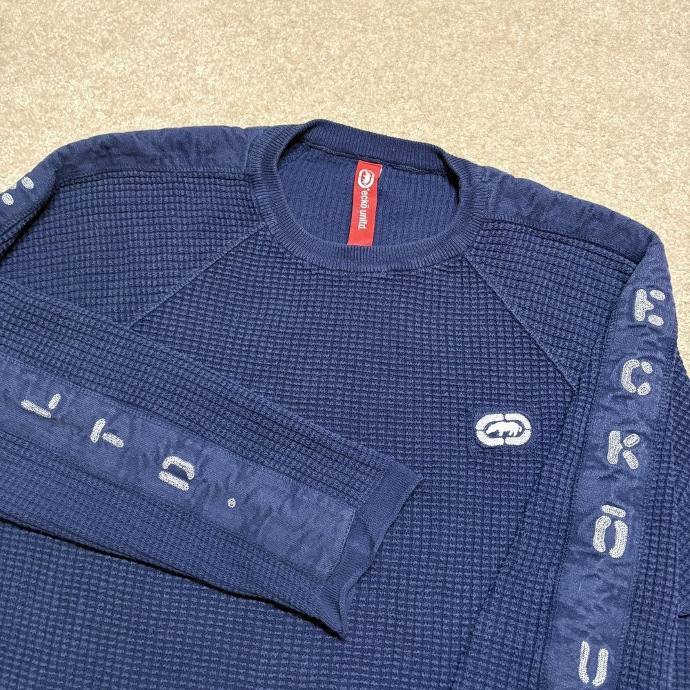 Y2K Ecko Unltd Waffle Knit Thermal Shirt LS Large Blue Grunge Chunky Heavyweight